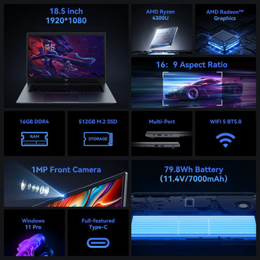 18.5" Laptop 16GB RAM 512gb SATA SSD AMD Ryzen 3 4300u Laptop Computer