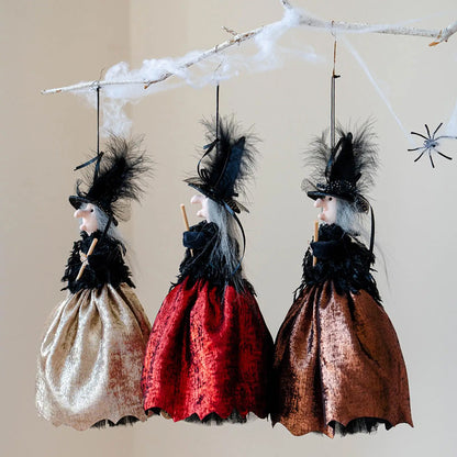Halloween Witch Doll Hanging Ornament & Tree Topper – Retro Fabric Witch with Hat & Broom for Home, Party & Haunted House Decor – Champagne, Red or Brown