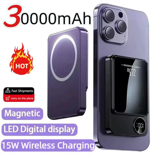 30,000mAh Magnetic Power Bank 22.5W Fast Wireless Portable Charger, Ultra-Thin PD 15W Dual USB LED Display