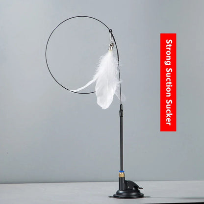 Interactive Cat Feather Teaser Wand with Bell, Extendable Rod, Suction Cup & Replaceable Feather Head