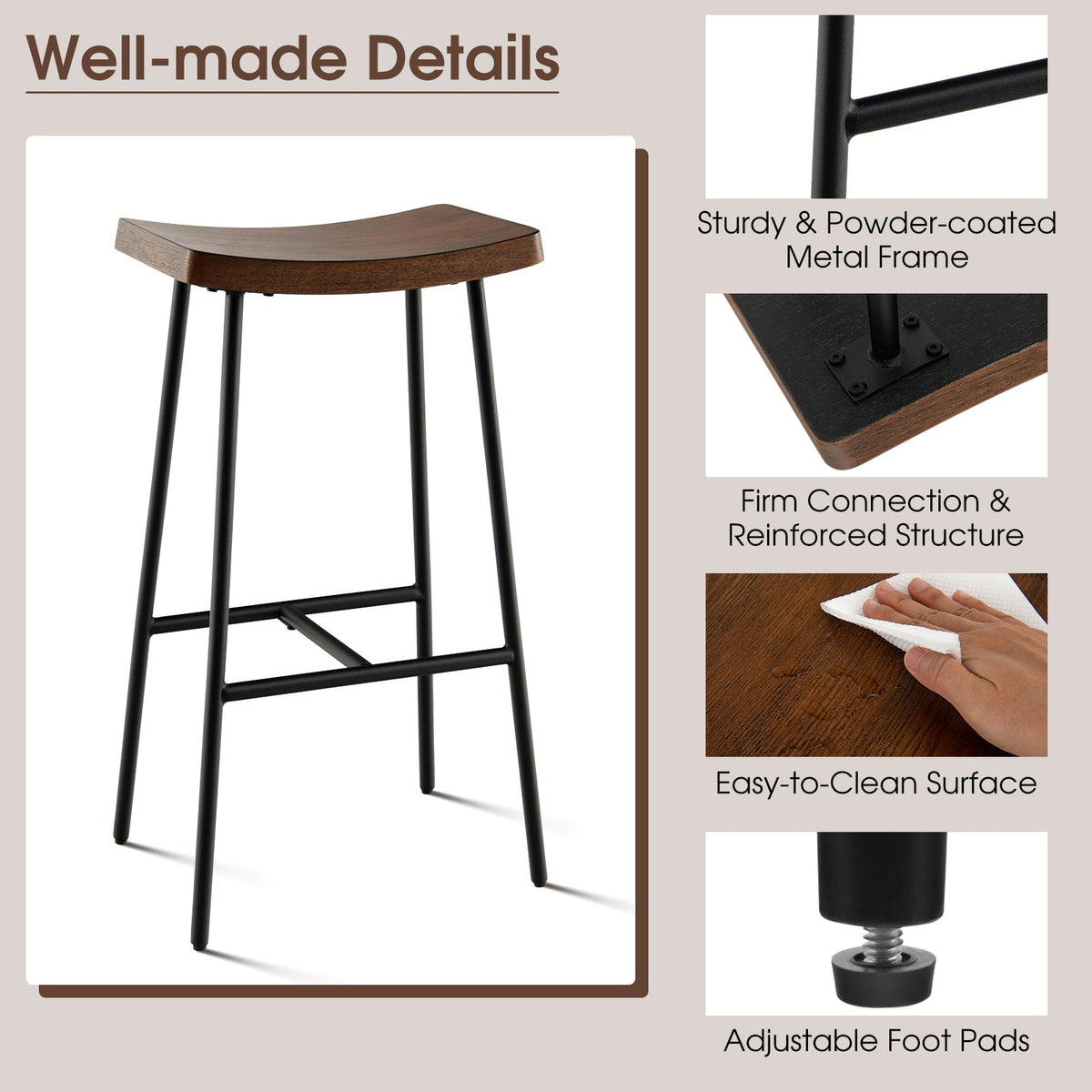 Industrial Saddle Stool with Metal Legs and Adjustable Foot Pads