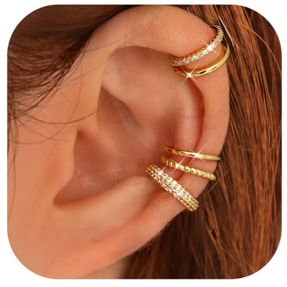 drperfect 4-Pair Ear Cuff Set - No Piercing, Adjustable Clip-On Cartilage Earrings, Brass, 14K Gold Plated or Silver, Hypoallergenic, Nickel-Free - 6 Styles