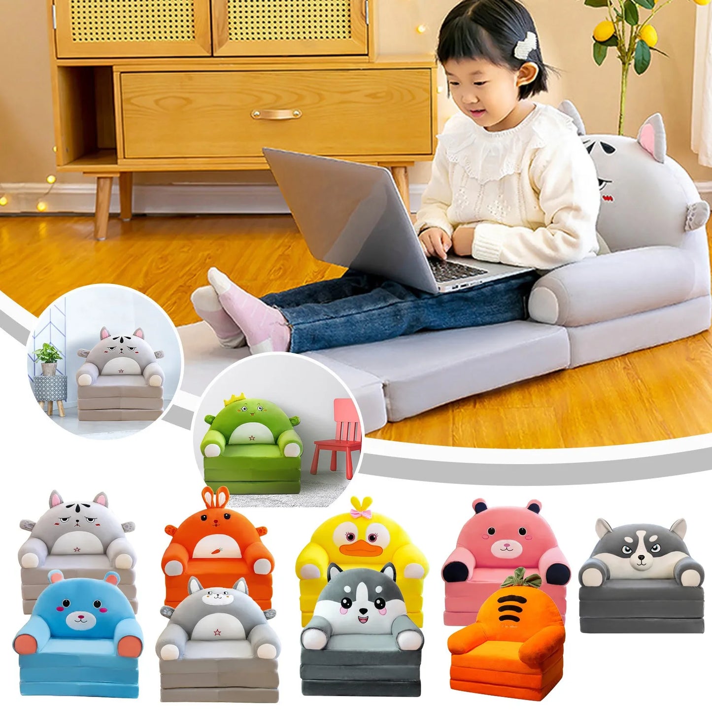 2-in-1 Foldable Plush Kids Sofa Bed – Cartoon Children's Fold-Out Chair for Nursery & Playroom