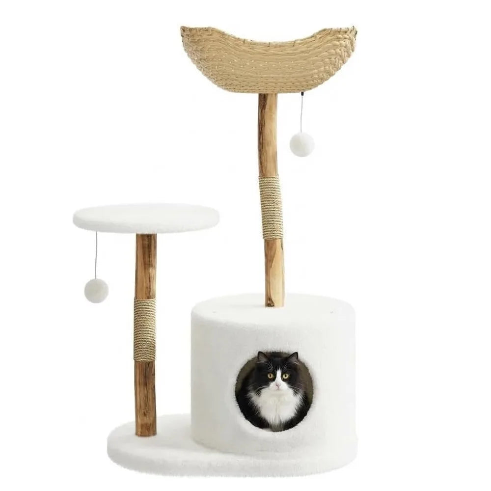 43" Wood & Rattan Multi-Level Cat Tree Tower - Large Cat, Multi-Level Perches, Floor Mount, Indoor, 28.74" x 17.32" Footprint