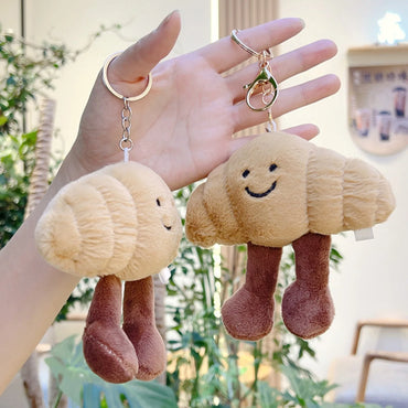 Plush Croissant Bag Charm Keychain (12 x 6 x 11 cm | 4.7 x 2.4 x 4.3 in) - Cute Food Keyring for Bags & Phones