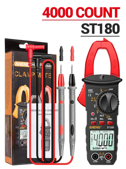 Digital multimeter with probes and packaging on a white background