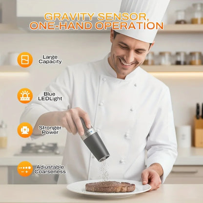 Electric Salt & Pepper Grinder Set – 2-Pack, Gravity-Sensing, LED Light, One-Hand Operation