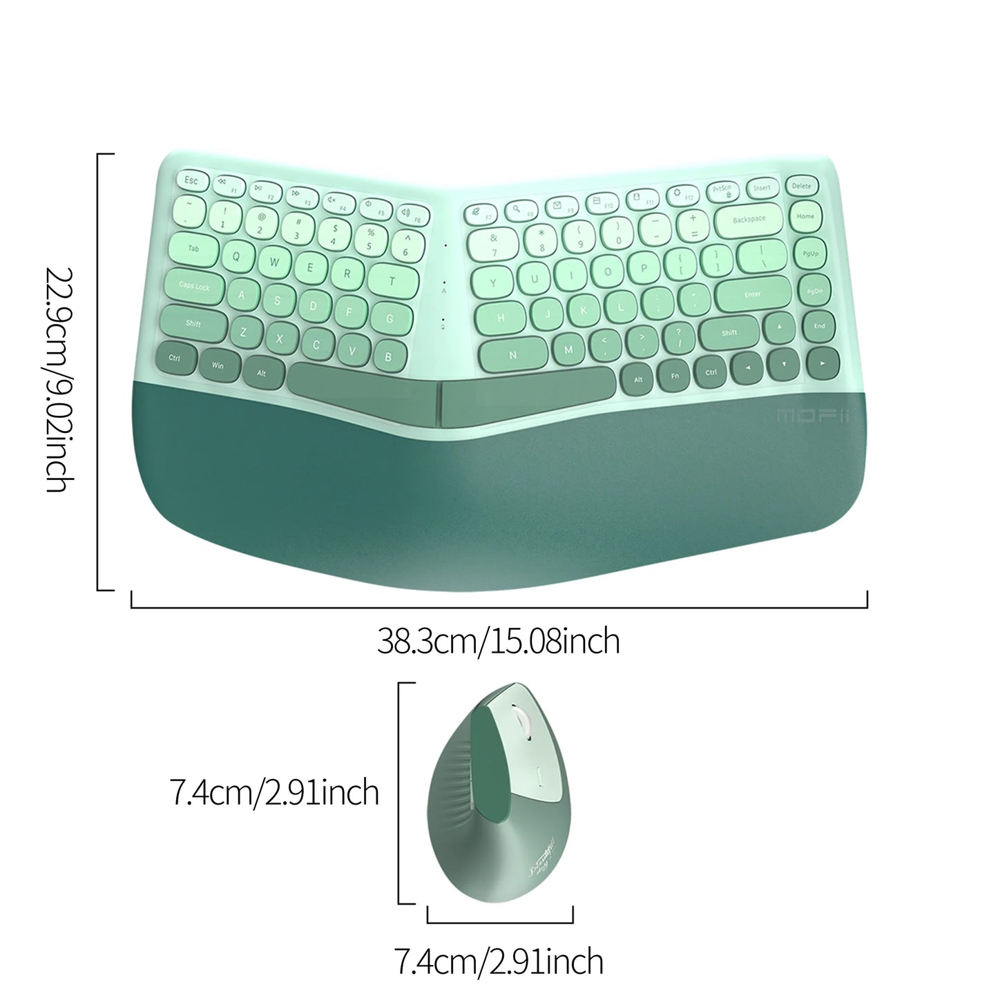 MOFii 1 Set Ergonomic Wireless Keyboard and Mouse Combo, Green Split Design Office Keyboard, 2.4G Wireless Connection, US QWERTY