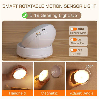 USB Rechargeable LED Motion Sensor Night Light – Magnetic 360° Rotating for Closet, Wardrobe, Cabinet, Bedside