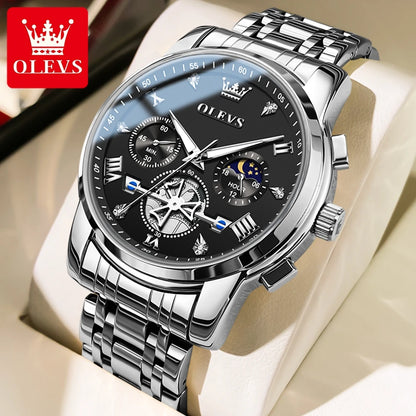 OLEVS 2856 Men's Skeleton Chronograph Watch - Flywheel Dial, Moon Phase, Steel Bracelet, 30m Water Resistant