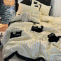 Korean Style Green Stripe Black Cat Embroidered Washed-Effect Polyester Duvet Cover Set 4-Piece Cute Cartoon Bed Linen