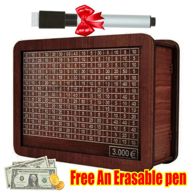 Handmade Wooden Money Box with 10,000 Savings Goal Counter – Reusable Piggy Bank for Kids & Adults