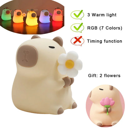 Capybara & Mango LED Night Light for Kids — Touch Sensor Rechargeable USB Dimmable RGB Lamp with Timer