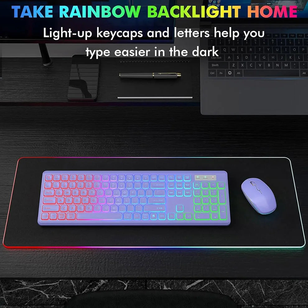 Wireless Backlit Keyboard and Mouse Combo - Rechargeable Full-Size 2.4GHz Illuminated Set for Enhanced Productivity