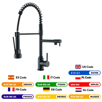 Black Pull-Down Kitchen Faucet - Single-Handle Hot & Cold Mixer, Dual Spout, 2-Mode Spray, 360° Rotating Deck-Mounted