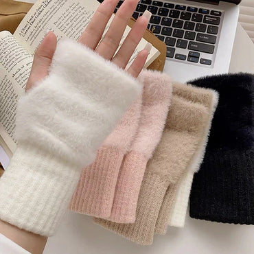 Faux Mink Fleece Fingerless Gloves for Women - Plush Knitted Half-Finger Wrist Mittens for Driving & Writing (One Size 16 x 9 cm / 6.3 x 3.5 in)
