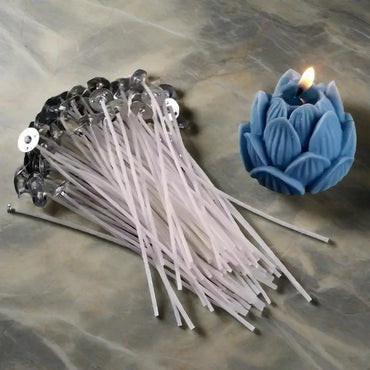 Pre-Waxed Cotton Candle Wicks 100-Pack (2.6–20 cm / 1.0–7.9 in) with Metal Bases, Adhesive Stickers & Holders — DIY Candle Making Kit