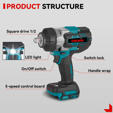 Brushless Cordless Impact Wrench 2800W 2800N·m - 1/2-inch (12.7 mm) Square Drive, Compatible with 18V Batteries