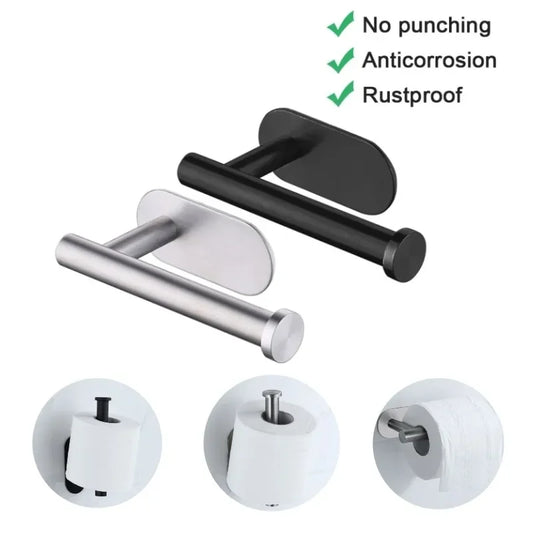 Stainless Steel Adhesive Toilet Paper Holder with Shelf - No-Drill Wall Mount Towel & Paper Towel Rack (Black or Silver)