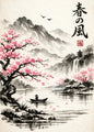 Japanese Ink Painting Landscape Spring Cherry Blossoms Canvas Print Asian Style Wall Art Poster for Living Room Home Decor Gift