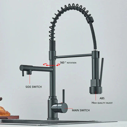 Black Pull-Down Kitchen Faucet - Single-Handle Hot & Cold Mixer, Dual Spout, 2-Mode Spray, 360° Rotating Deck-Mounted