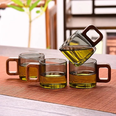 120ml (4 fl oz) Heat-Resistant Glass Tea Cup with Walnut Handle, Mini Espresso & Coffee Mug, Borosilicate Teaware (1-Piece)