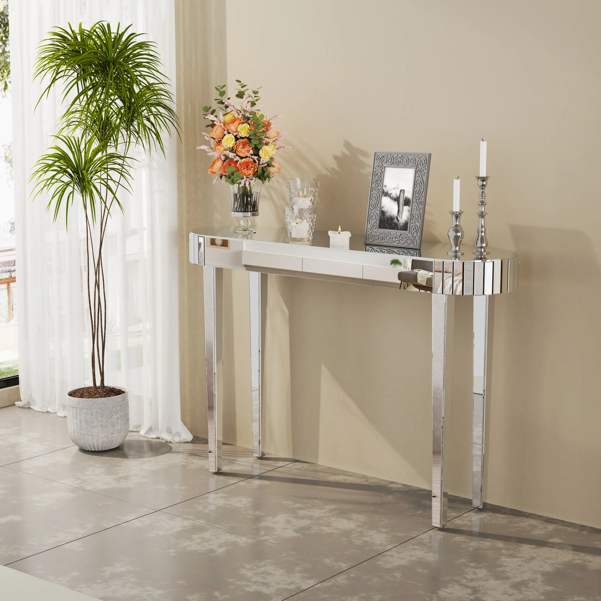 BINGOPAW Mirrored Console Table - 47.2" Silver Glass Entryway Hall Table, MDF + Glass, Modern Minimalist