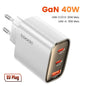 40W GaN 3-Port USB Fast Charger – Dual USB-C PD + USB-A QC4.0 Compact Travel Wall Charger