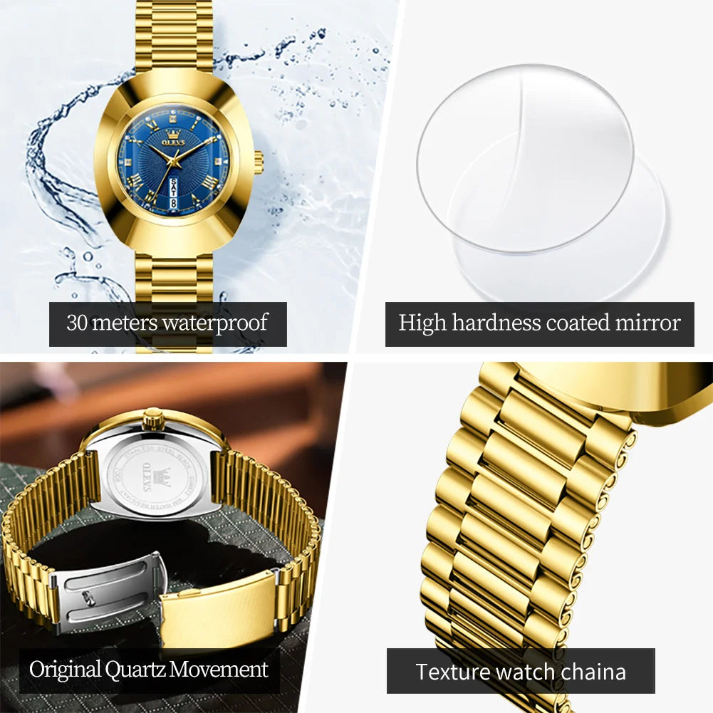 OLEVS 7008 Women's Gold Quartz Watch - 36.5mm Roman Numeral Dial, Date and Week Display, 30m Water Resistant