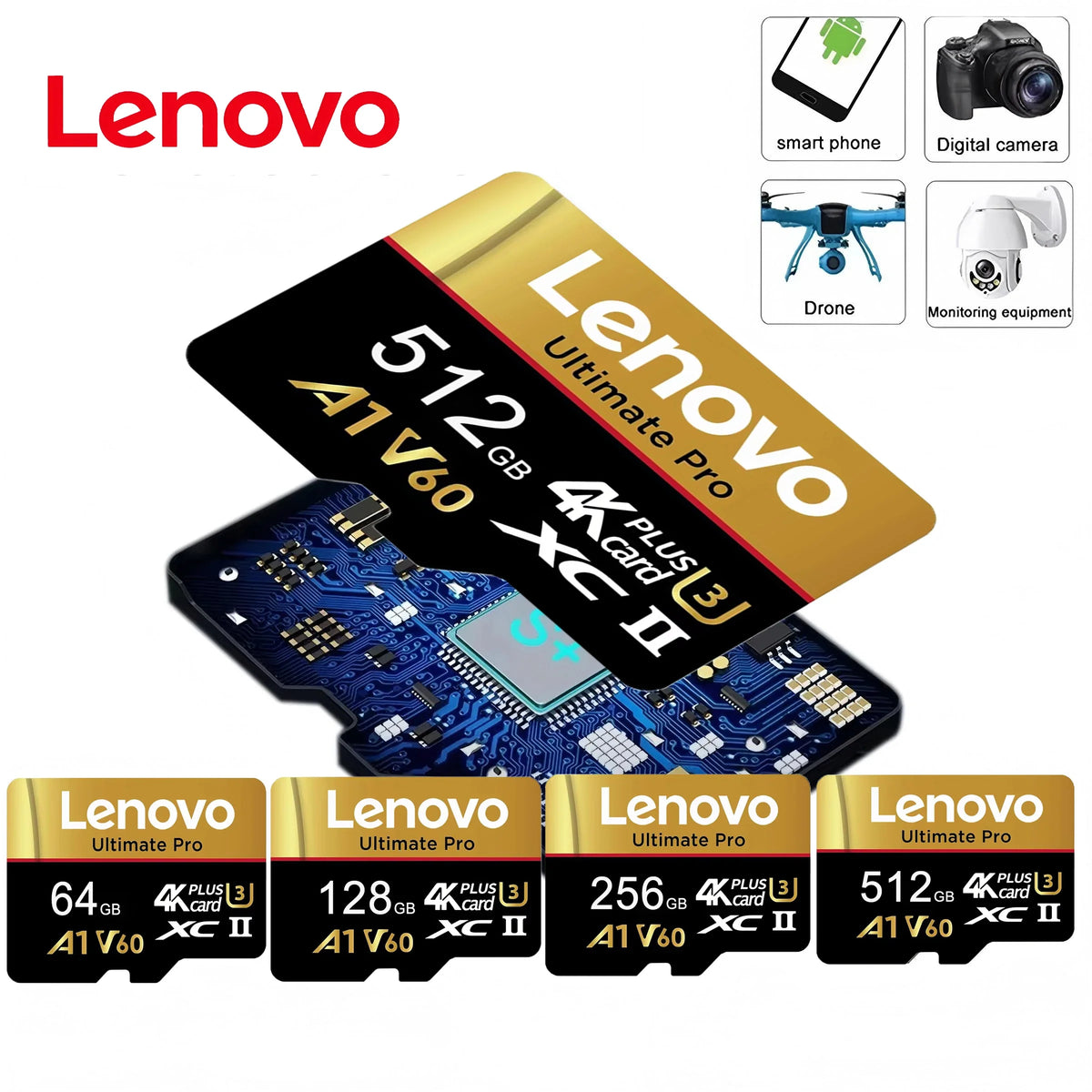 Lenovo microSDXC Memory Card - 4GB-512GB, U3/V60, Adapter