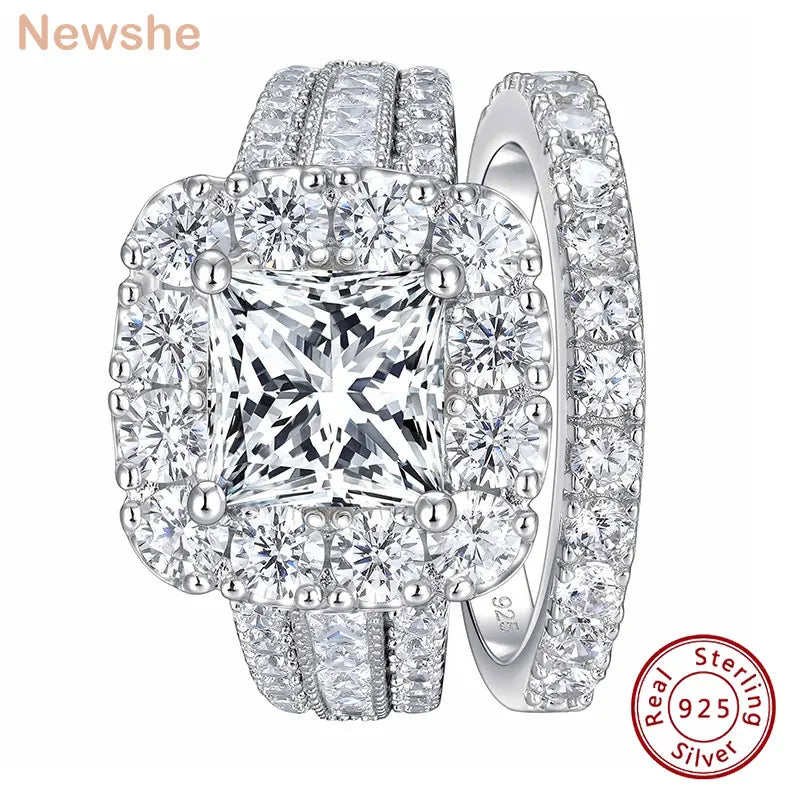 Newshe 925 Sterling Silver Halo Bridal Ring Set – Princess Cut CZ Engagement & Wedding Rings for Women