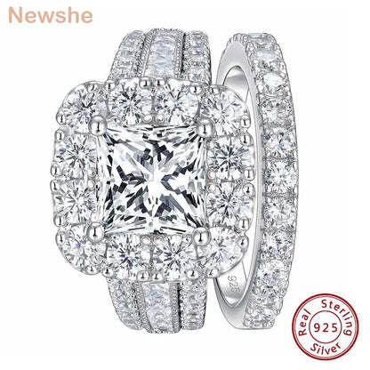 Newshe 925 Sterling Silver Halo Bridal Ring Set – Princess Cut CZ Engagement & Wedding Rings for Women