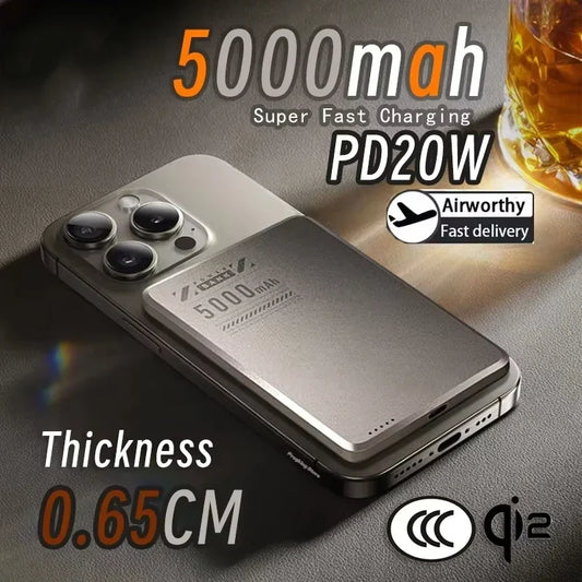 5000mAh Qi2 Wireless Power Bank Ultra Slim Magnetic Back-Clip Fast Charge Portable Battery for Smartphones