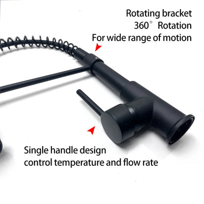 Pull-Down Spring Kitchen Faucet — Matte Black Brushed Stainless, 360° Swivel, Hot & Cold Mixer, Single-Handle Pull-Out