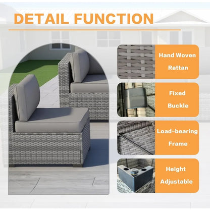XIAOLANG 7-Piece PE Wicker Modular Patio Sectional - Steel Frame, Tempered Glass Table, Sponge & PP Cotton Cushions, Adjustable Feet, 7 Colour Options