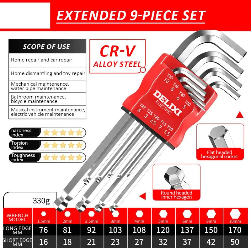 Long Metric Allen Key Set with Sleeve Universal Torque Hex Wrenches & Screwdriver for Motorcycles and Bicycles
