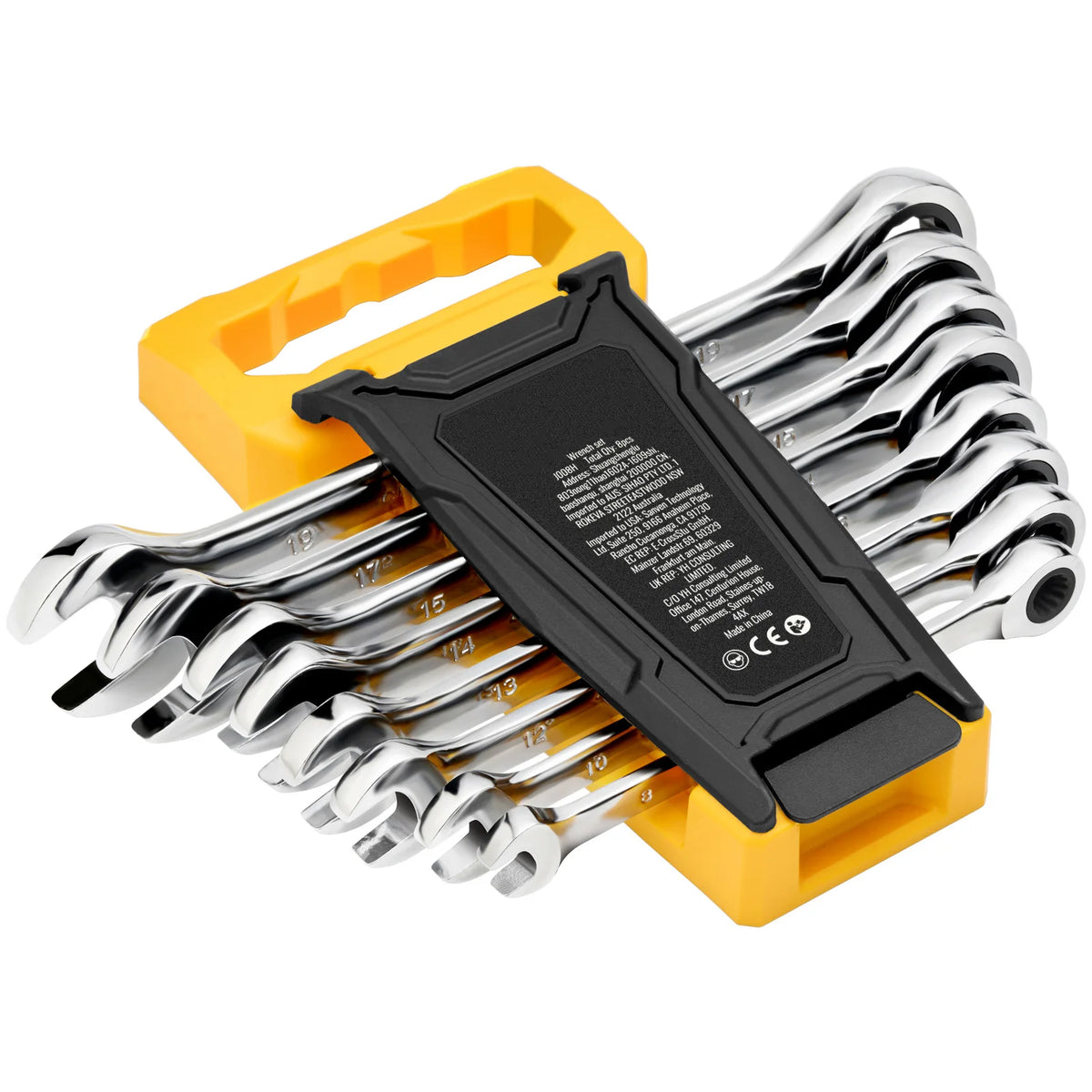 Set of wrenches in a yellow case on a white background
