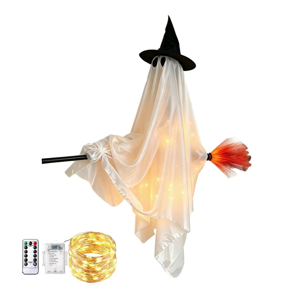 Hanging Ghost with Broom Halloween Decoration, Light Options