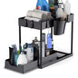 2-Tier Under-Sink Sliding Cabinet Organizer with Hooks and Hanging Cup - Bathroom & Kitchen Storage Rack