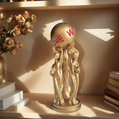 1 Piece of Light Luxury Three-Person Ball-Holding Art Ornament, Golden Texture, Ball Engraved with the World Is Yours, Inspirational Atmosphere Display Piece for Living Room Tabletop