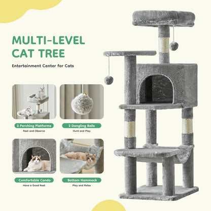 JHK 44" 4-Tier Cat Tree Tower - Condo, Hammock, Sisal Posts, 2 Platforms, 2 Swinging Balls, Anti-Tip, 44lb Rated, Multi-Cat