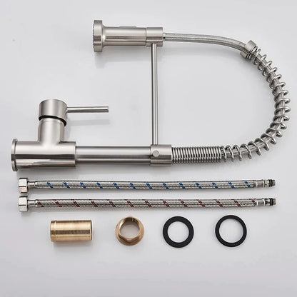 Brushed Nickel Pull-Down Kitchen Faucet, Deck-Mounted Mixer Tap, 360° Swivel, Stream & Spray, Single-Handle Hot/Cold