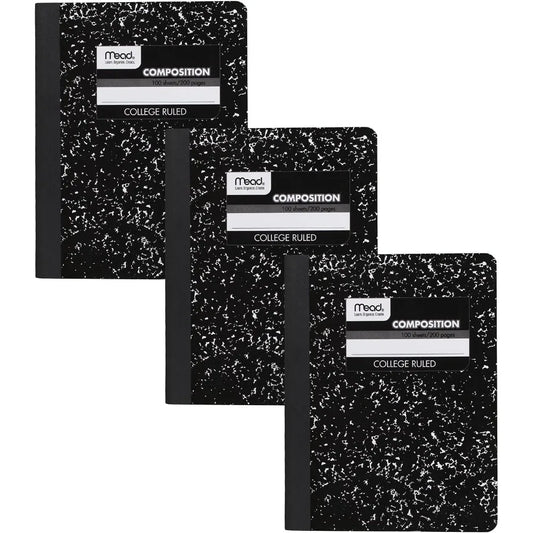 3 Pack Composition Notebooks, College Ruled, 7-1/2"*9-3/4", 100 Sheets Each (200 Pages), Classic Black Marble Hard Cover, Stitched Binding Smooth Ink Resistant Paper, Bulk Comp Books for School College Office Journaling Note