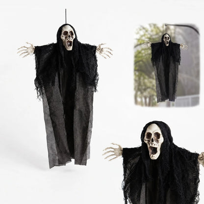 Halloween Hanging Ghost & Zombie Scary Face Pendant – Fabric Horror Cloak Ornament for Haunted House, Bar, Escape Room & Party Decor – Black, White or Blue