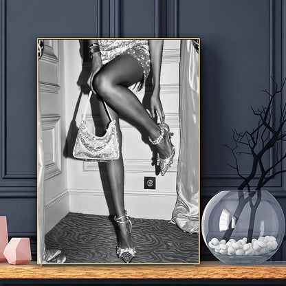 Modern Luxury Fashion Black White Art Heels Champagne Retro Poster Sticky Wall Art Printing Waterproof Home Living Bed Room Bar
