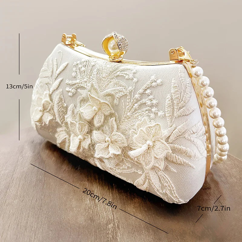 Embroidered Lace Flower Clutch Bag with Pearl Chain Strap - Off White Evening and Wedding Purse