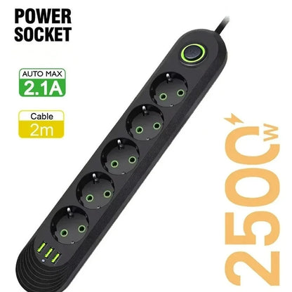 EU Plug 2m (6.6ft) 2500W Power Strip 3 EU Sockets 3 USB Fast Charging Surge Protector with On/Off Switch