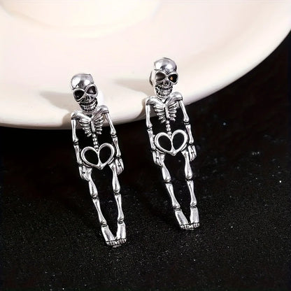 Halloween Skull Skeleton Dangle Earrings for Women – Neo-Gothic Punk Drop Earrings, Antique Silver Zinc Alloy, Detachable – 1 Pair