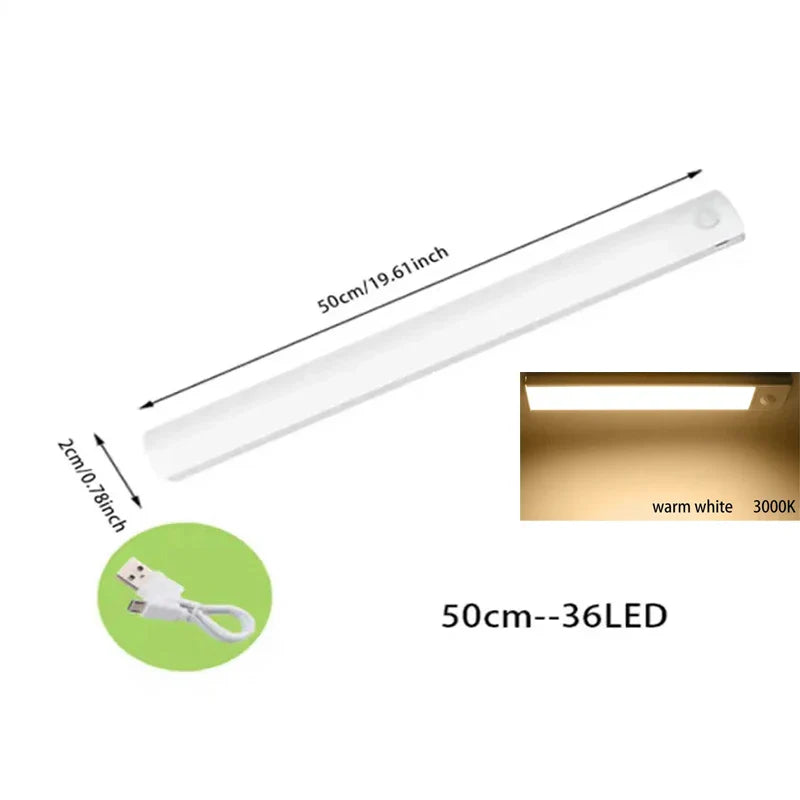 PIR Motion Sensor LED Under-Cabinet Rechargeable Night Light — Dimmable Magnetic Closet Stair Kitchen Light Bar (10–50 cm / 4–20 in)