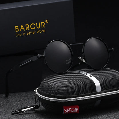 BARCUR Polarized Round Steampunk Sunglasses Retro UV400 Metal Frame for Men Women